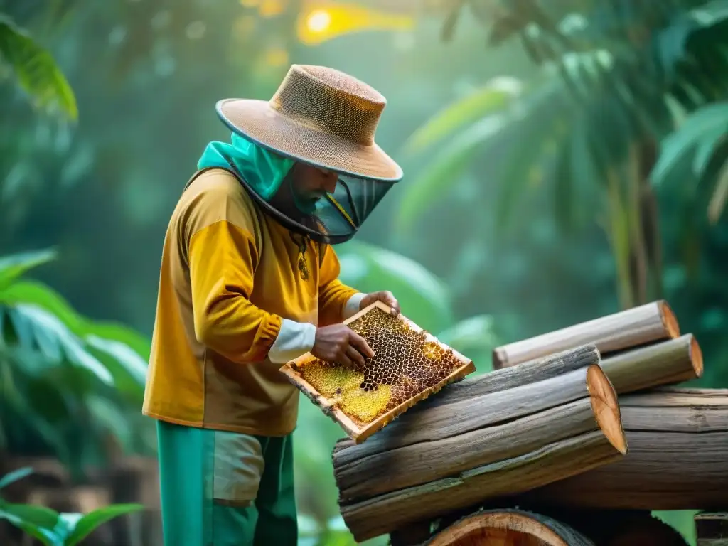 Producción y comercio de miel maya: Maya cuida colmena en la exuberante selva del Yucatán al amanecer