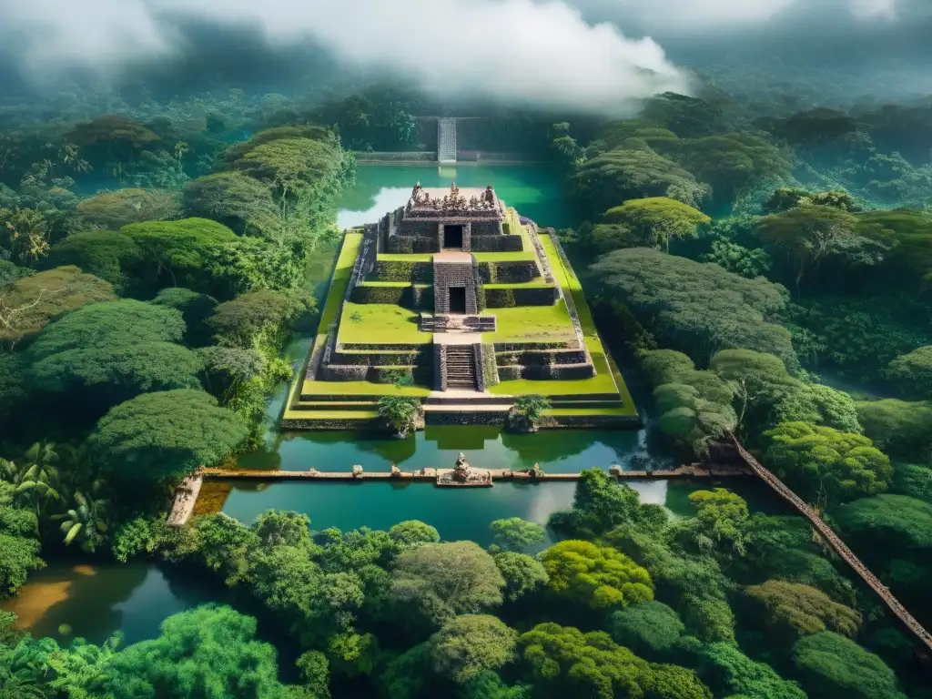 Compleja ingeniería hidráulica de la civilización maya en la selva, con canales y acueductos entre exuberante vegetación y estructuras de piedra