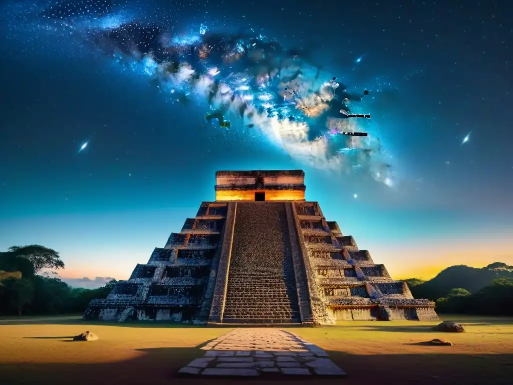 Complejo templo maya con patrones geométricos y precisión matemática bajo un cielo estrellado, destacando la conexión entre Matemática y geometría maya