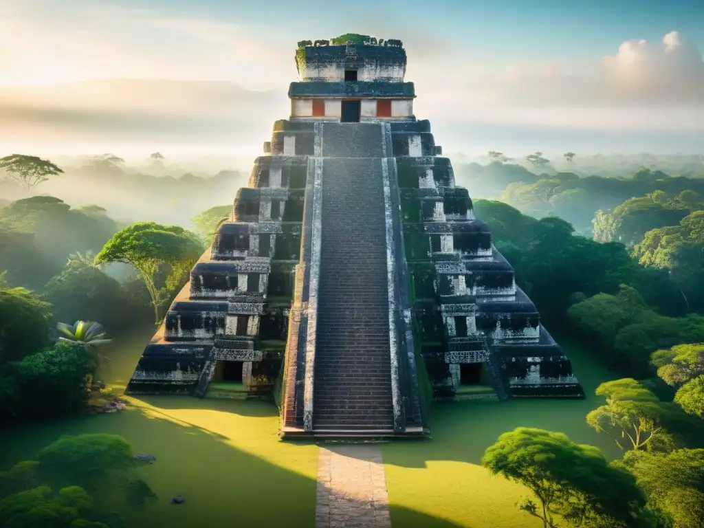 Complejo de templos mayas al amanecer: rituales, jeroglíficos y cultura ancestral