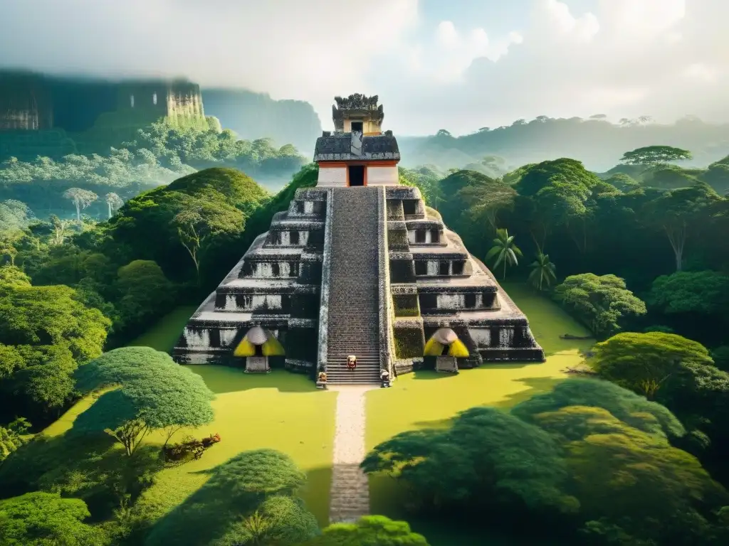 Complejo de templos mayas en la selva con energías renovables en civilización maya