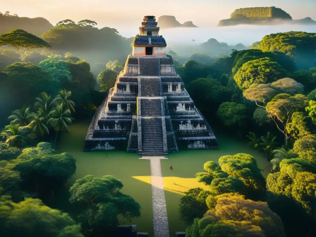 Un complejo de templos mayas al amanecer, con tallados detallados y pirámides imponentes entre exuberante vegetación tropical