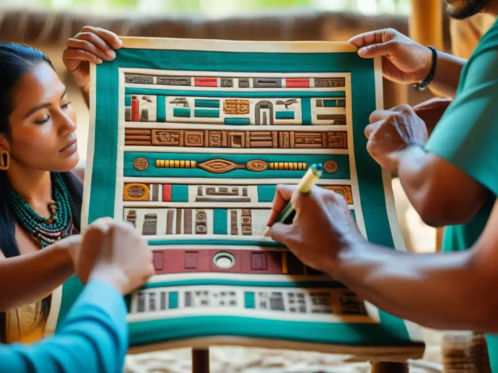 Reunión ancestral alrededor de un antiguo codex maya Comunidad indígena reunida alrededor de un antiguo códice maya, fomentando la salvaguarda de códices antiguos mayas