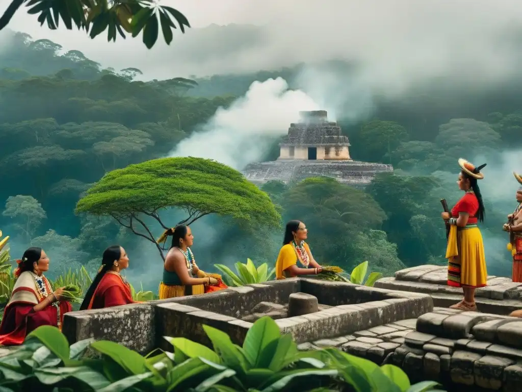 Comunidad maya conservando su herencia: plantando árboles y limpiando, rodeados de ruinas antiguas y exuberante vegetación