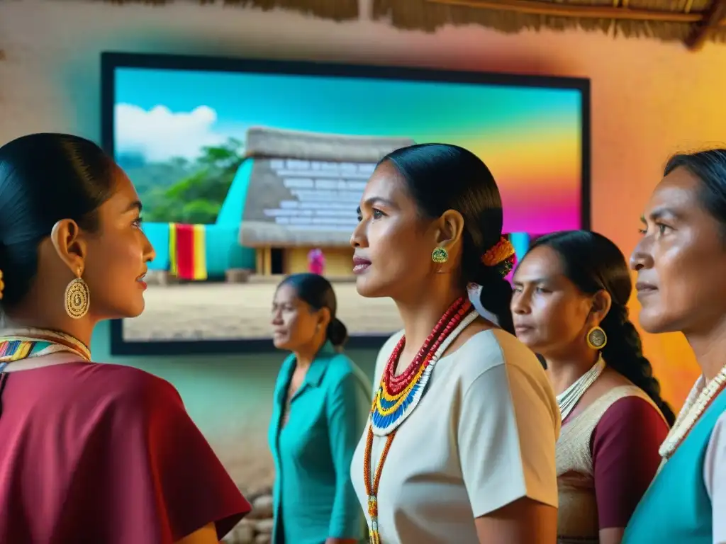 Comunidad maya interactúa con app en pantalla, fusionando tradición e innovación en preservación lenguas mayas tecnología aplicaciones