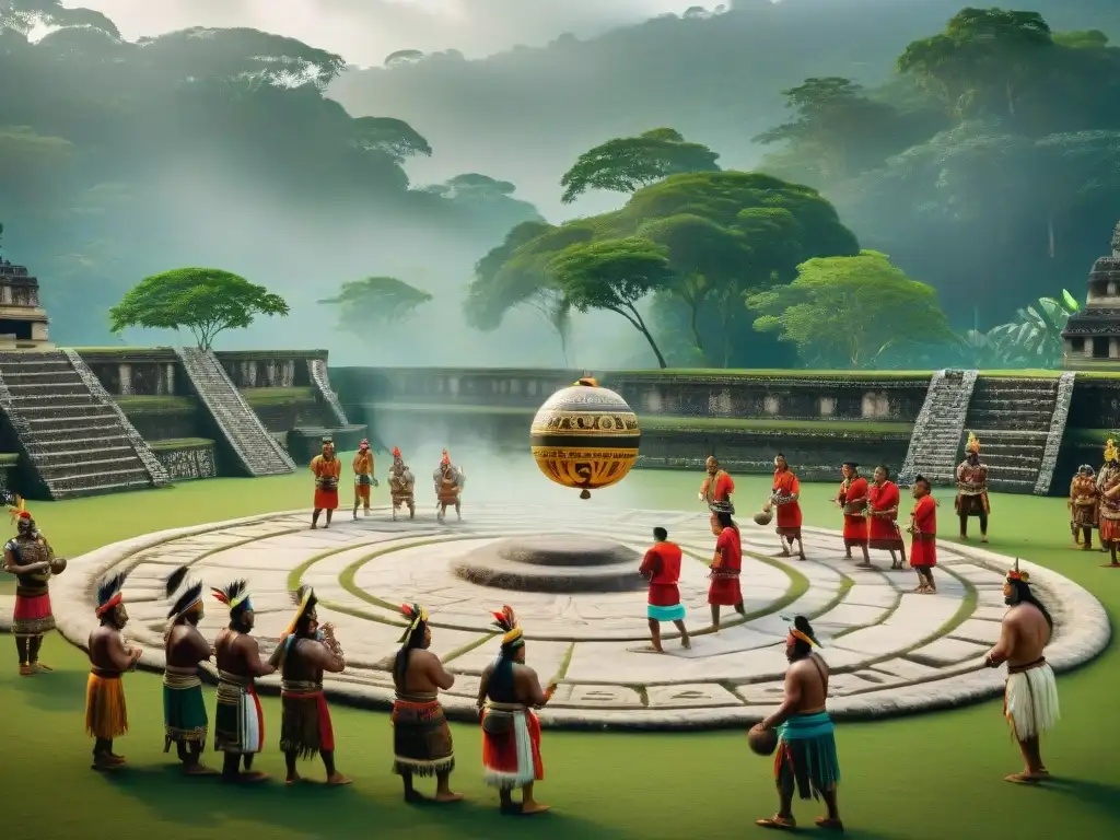 Una comunidad maya moderna juega pelota en la jungla, con atuendos tradicionales y un campo de juego antiguo