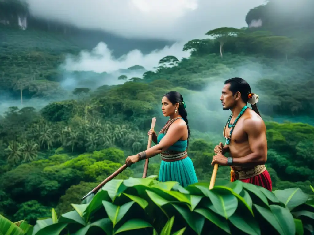 Comunidad maya protegiendo sitio sagrado con herramientas tradicionales y vestimenta colorida en la selva