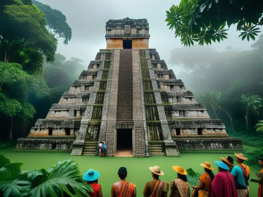 Comunidad maya restaurando templo rodeado de selva, resaltando conservación de la herencia maya