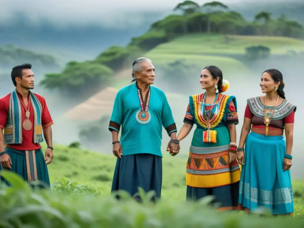 Comunidad maya unida en resistencia por la tierra, vistiendo trajes tradicionales y mostrando determinación en campo verde