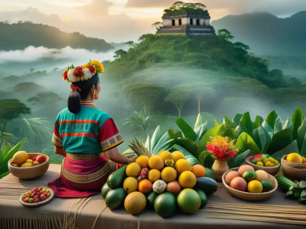 Conmovedor ritual agrícola maya al amanecer en la exuberante jungla, con ofrendas de frutas y verduras