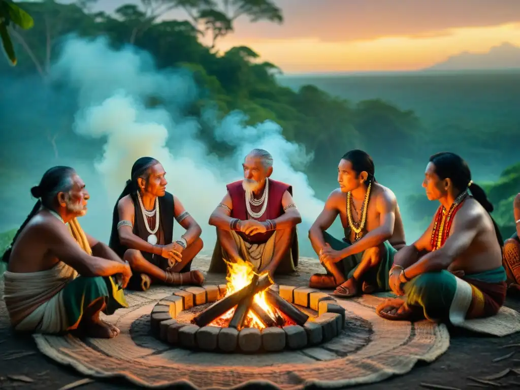 La transmisión oral de conocimientos mayas cobra vida en la imagen de ancianos mayas reunidos alrededor de una fogata en la jungla al atardecer