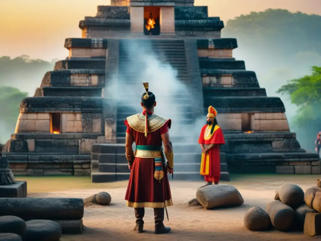 Un conquistador español observa impactantes sacrificios mayas en ruinas de templo al atardecer