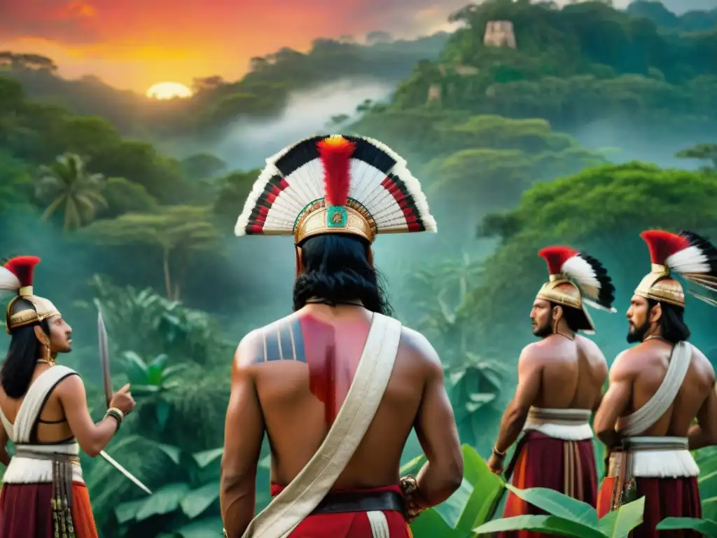 Conquistadores impactados por sacrificios mayas en la jungla al atardecer