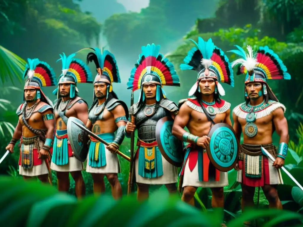 Conquistadores mayas celebración héroes guerra: Grupo de guerreros mayas con armaduras y tocados de plumas, en la jungla