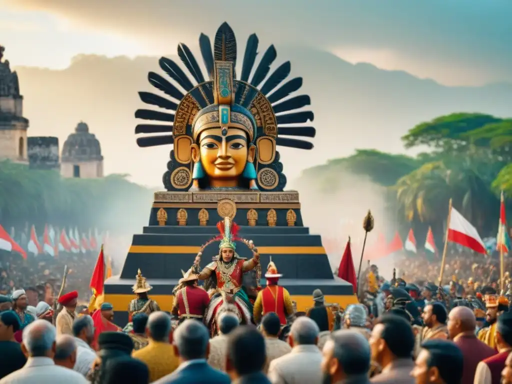 Conquistadores mayas celebrando su victoria en una grandiosa procesión ceremonial, rodeados de espectadores asombrados en una ciudad vibrante