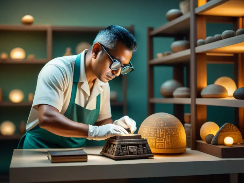 Conservacionista restaurando artefacto maya en laboratorio, simbolizando dedicación a la historia