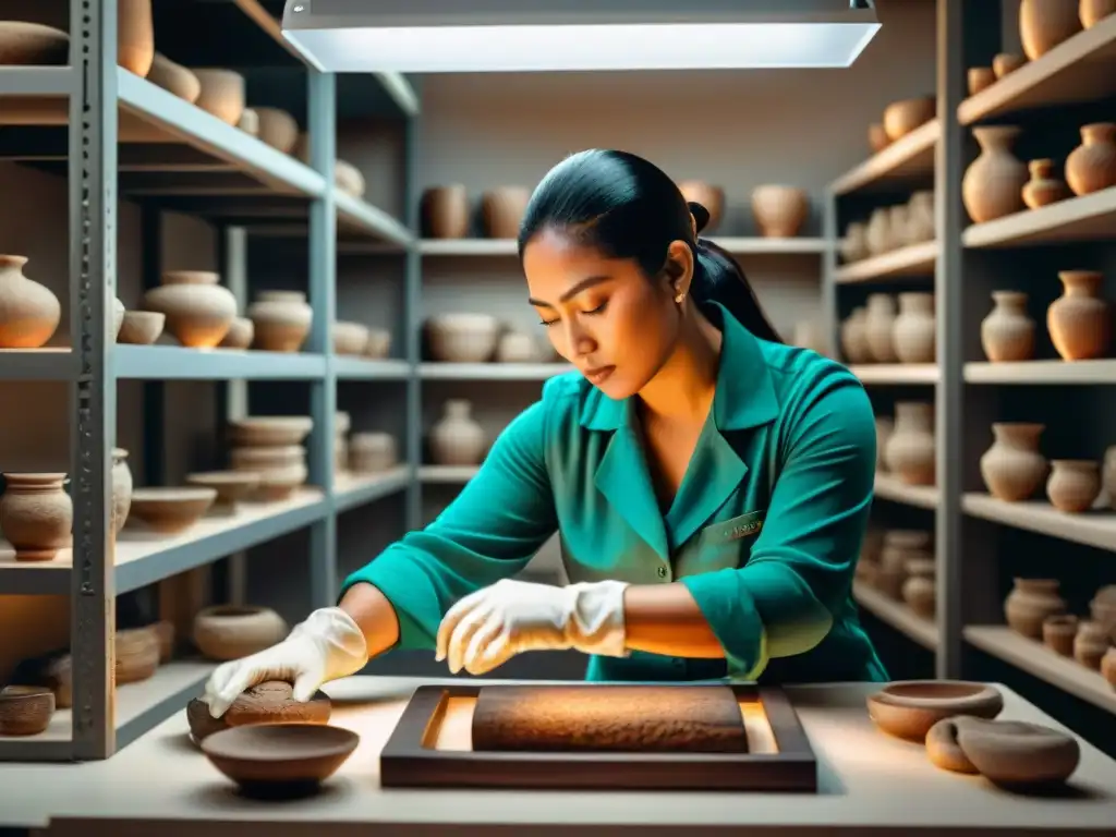 Un conservacionista restaura con cuidado un antiguo artefacto maya en un laboratorio de conservación, rodeado de herramientas e historia maya