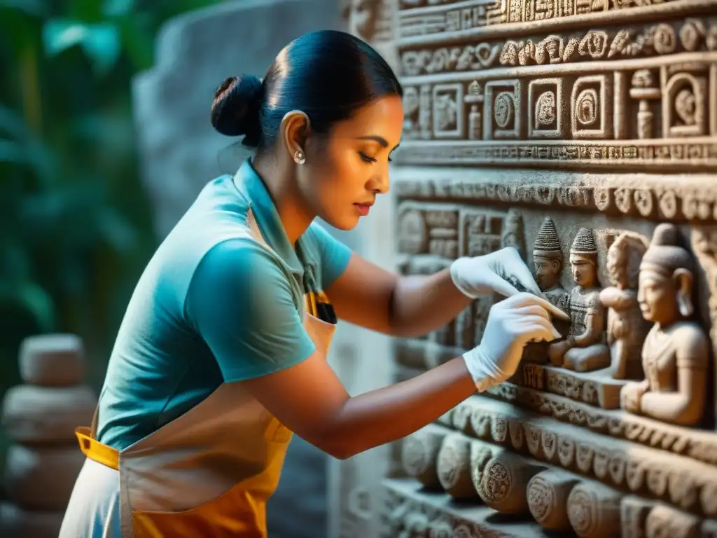 Conservacionista limpiando tallados mayas con delicadeza en ruinas, bajo luz suave