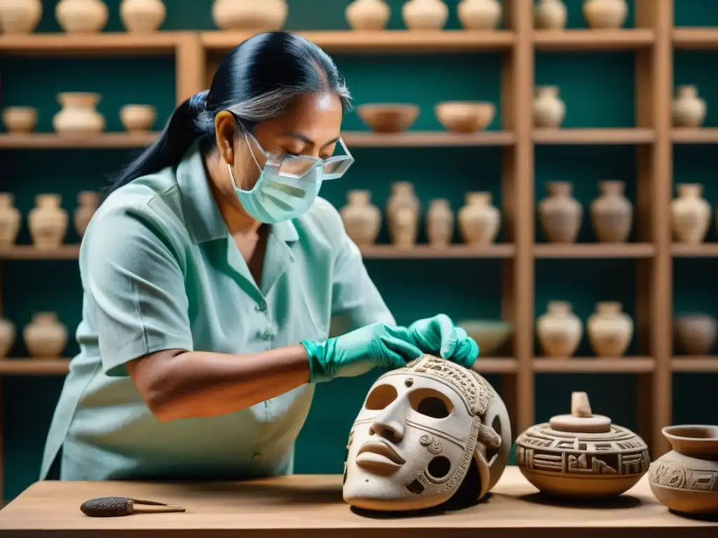 Conservacionistas cuidando una máscara jade maya en laboratorio histórico