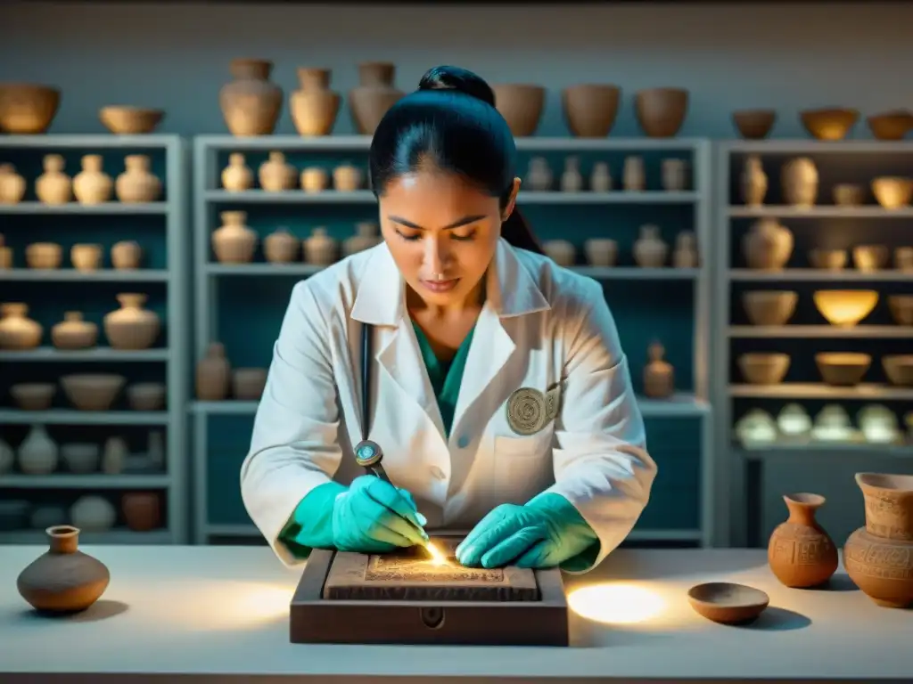 Conservador restaurando artefacto maya bajo luz brillante