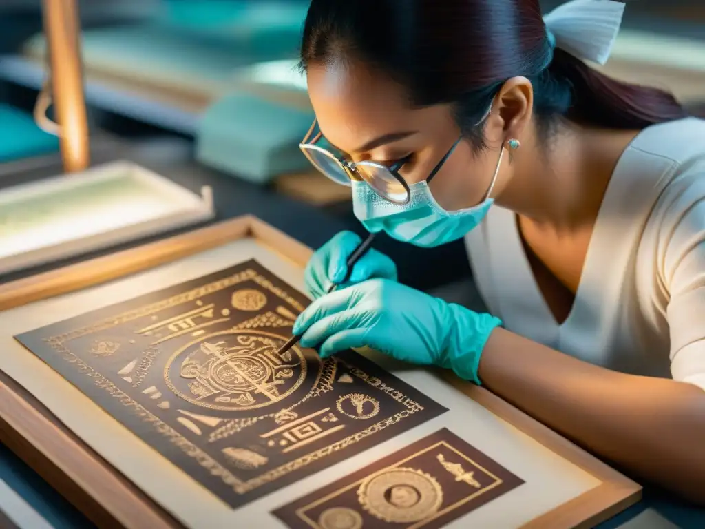 Conservador restaurando un codex maya con cuidado en laboratorio especializado