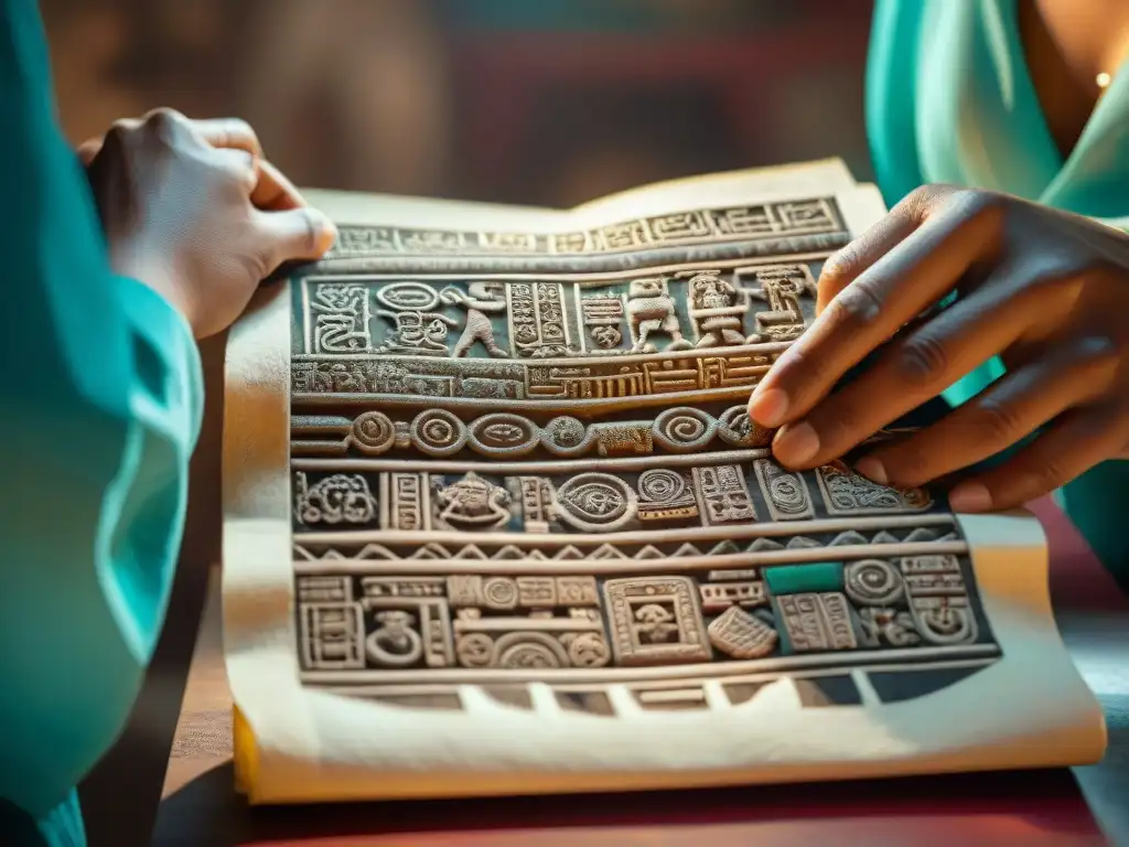 Restauración de Códice Maya: Detalles y Colores Antiguos Conservador restaura detalladamente un códice maya bajo luz suave