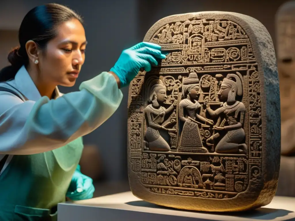 Conservador limpiando con cuidado una estela maya, revelando detalles ante luz suave en laboratorio de conservación