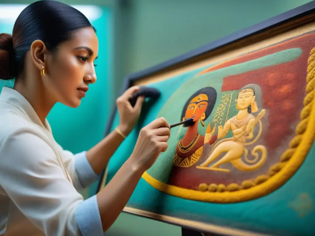 Un conservador restaurando con cuidado un fresco Maya, resaltando detalles y colores