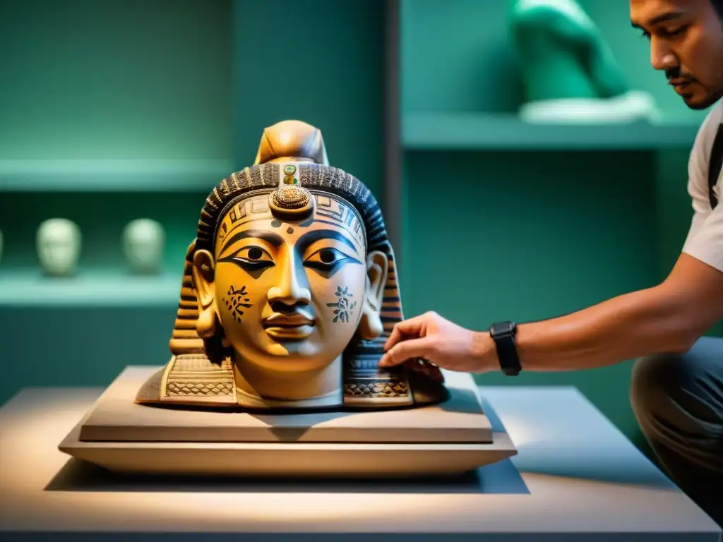 Un conservador restaura con destreza una escultura cerámica maya, destacando la meticulosa conservación en museos