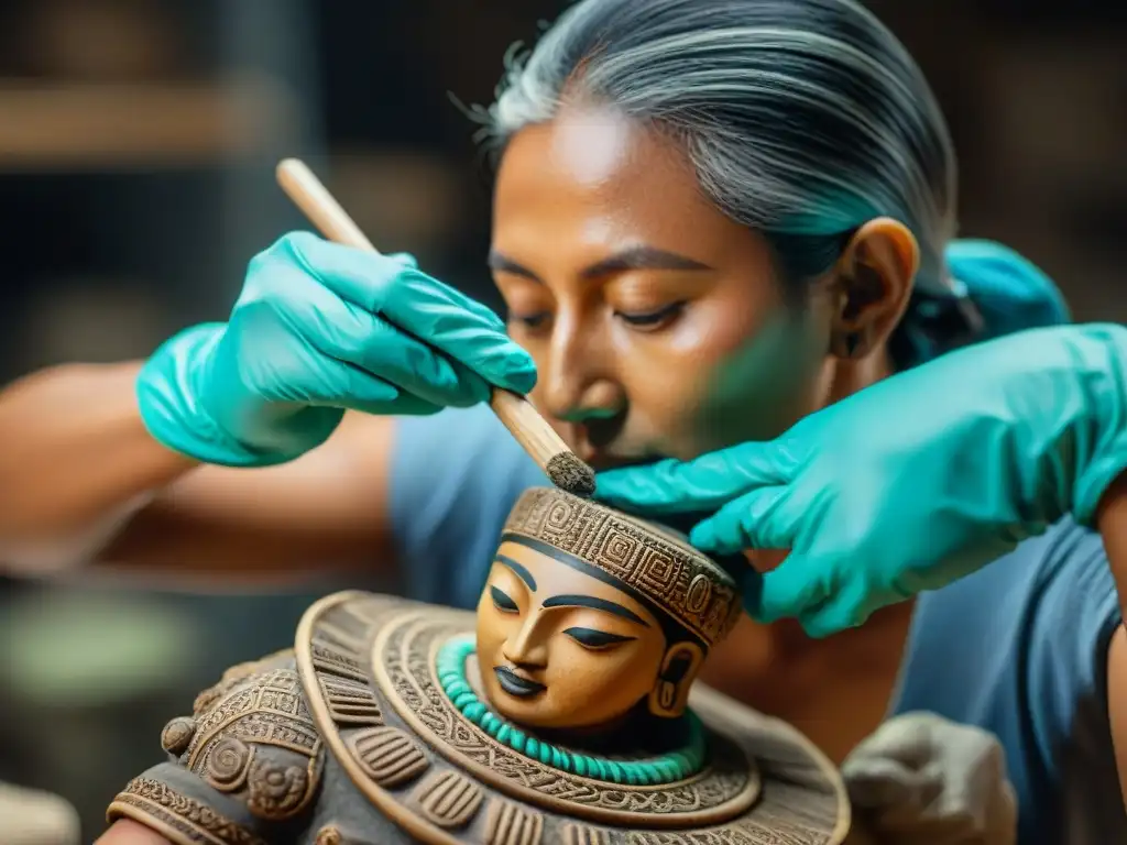 Un conservador experto limpia con cuidado una escultura cerámica maya, revelando colores vibrantes y detalles intrincados