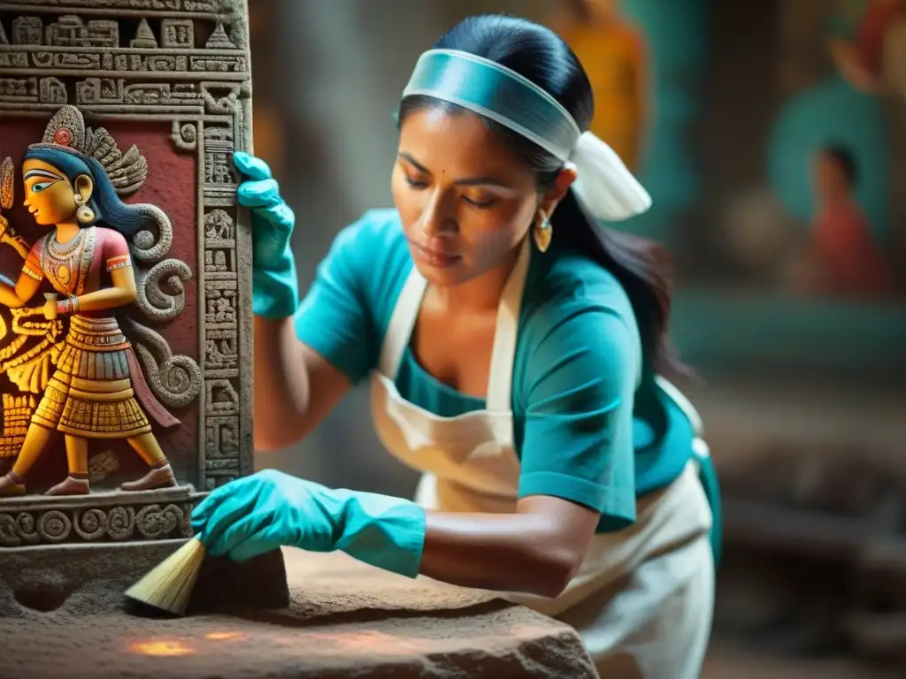 Un conservador limpia con destreza frescos mayas en un templo antiguo, revelando colores vibrantes