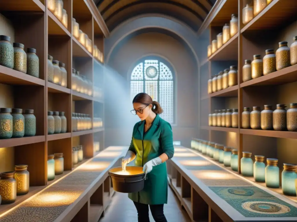 Conservador restaurando un mosaico centenario en catedral iluminada, resaltando la dedicación a la conservación del patrimonio cultural