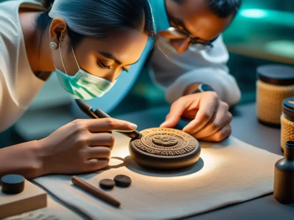 Un conservador restaura con precisión un artefacto maya menor en un laboratorio de conservación iluminado suavemente