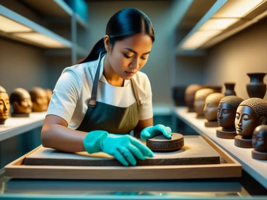 Conservador limpiando con precisión un artefacto maya menor en laboratorio de conservación