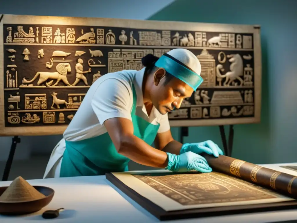 Restauración minuciosa de codex maya por expertos conservadores Conservadores restauran códice maya antiguo con meticulosidad bajo luz suave