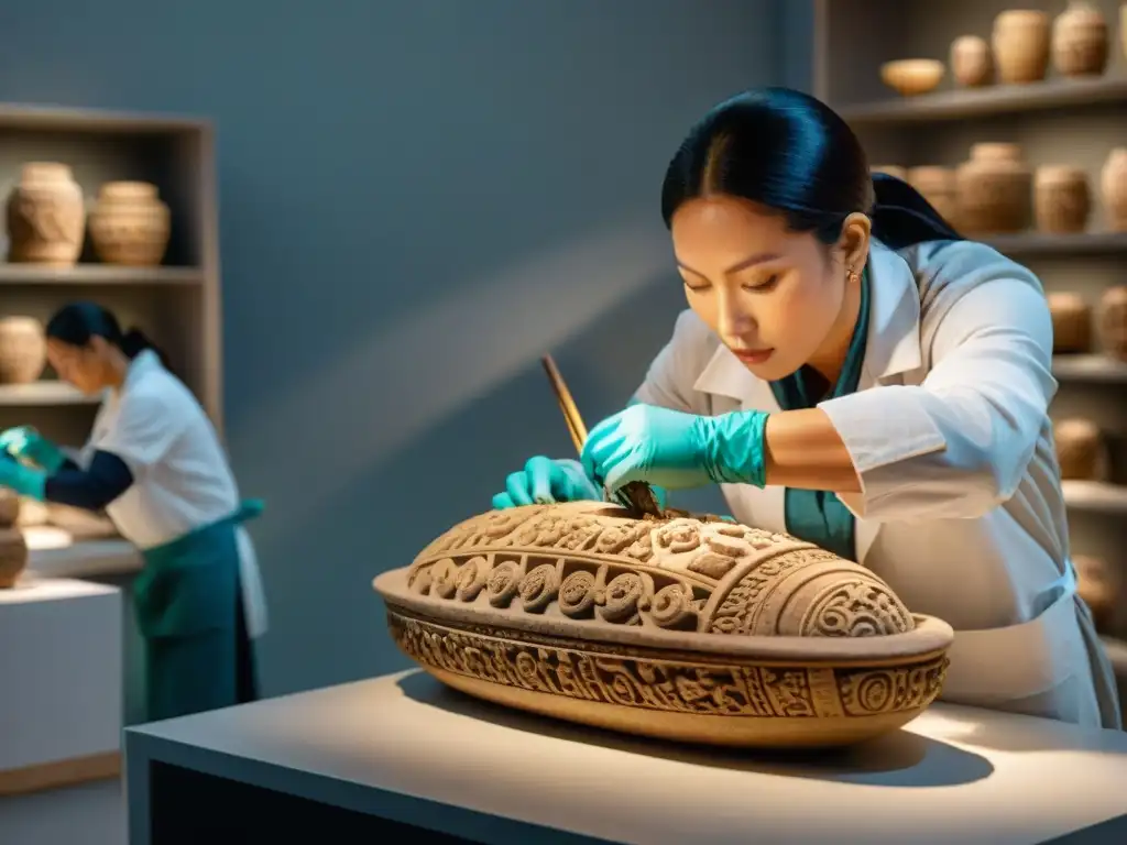 Conservadores restaurando escultura cerámica maya con cuidado y precisión en museo iluminado