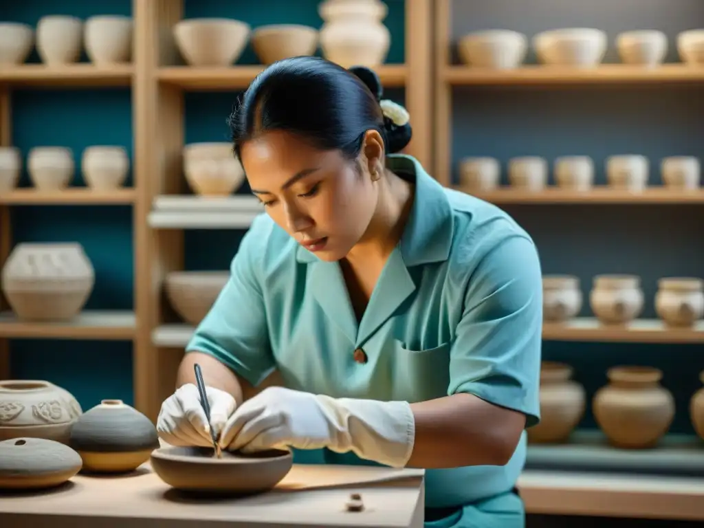 Conservadores restaurando escultura cerámica maya con precisión en taller de conservación