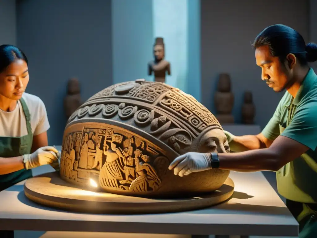 Conservadores restauran escultura maya en laboratorio con luz tenue