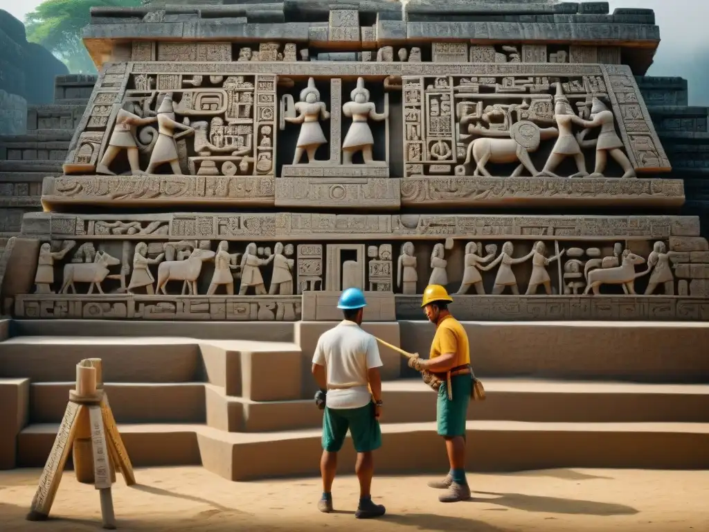 Maestros constructores mayas: recreando maravillas arquitectónicas Construcción de canchas de pelota mayas con detalles y jerarca observando