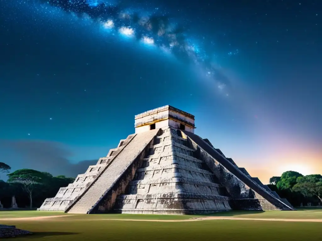 Construcción estelar en Chichén Itzá: la pirámide de Kukulcán iluminada por la luna, conectando con las estrellas en la noche mágica