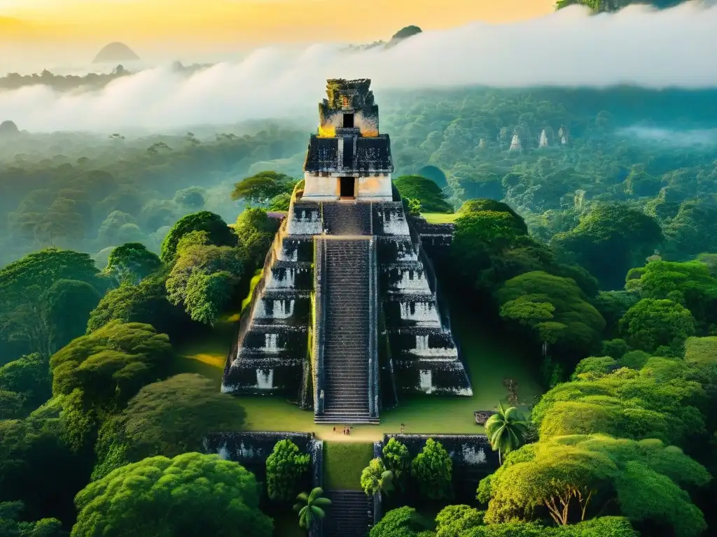 Construcciones mayas en rutas comerciales: Pirámides detalladas en la jungla de Tikal con monos y sol dorado