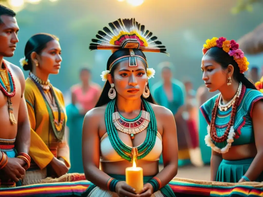 Celebración contemporánea de festividades mayas con coloridas vestimentas y ofrendas en un vibrante pueblo al atardecer