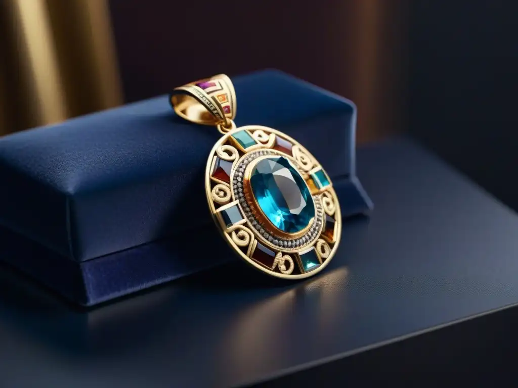 Joyas contemporáneas inspiradas en la cultura maya Joyería contemporánea con influencia maya, detallada y vibrante sobre terciopelo oscuro