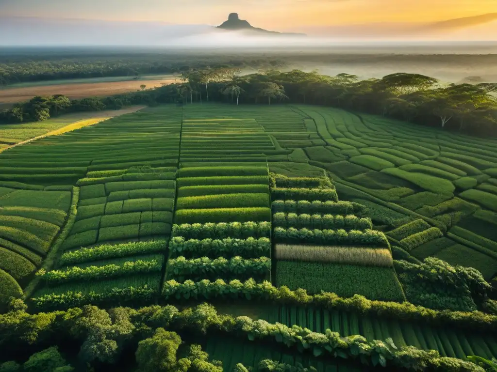 Contraste impactante: agricultura moderna amenaza tierra maya con ruinas ancestrales al atardecer