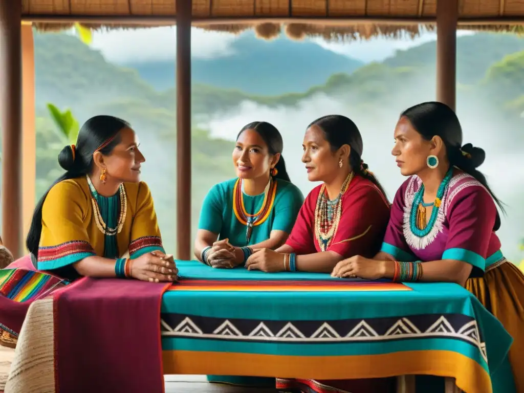 Conversación de empoderamiento femenino en sociedad maya: mujeres mayas visten huipiles coloridos, debatiendo con determinación