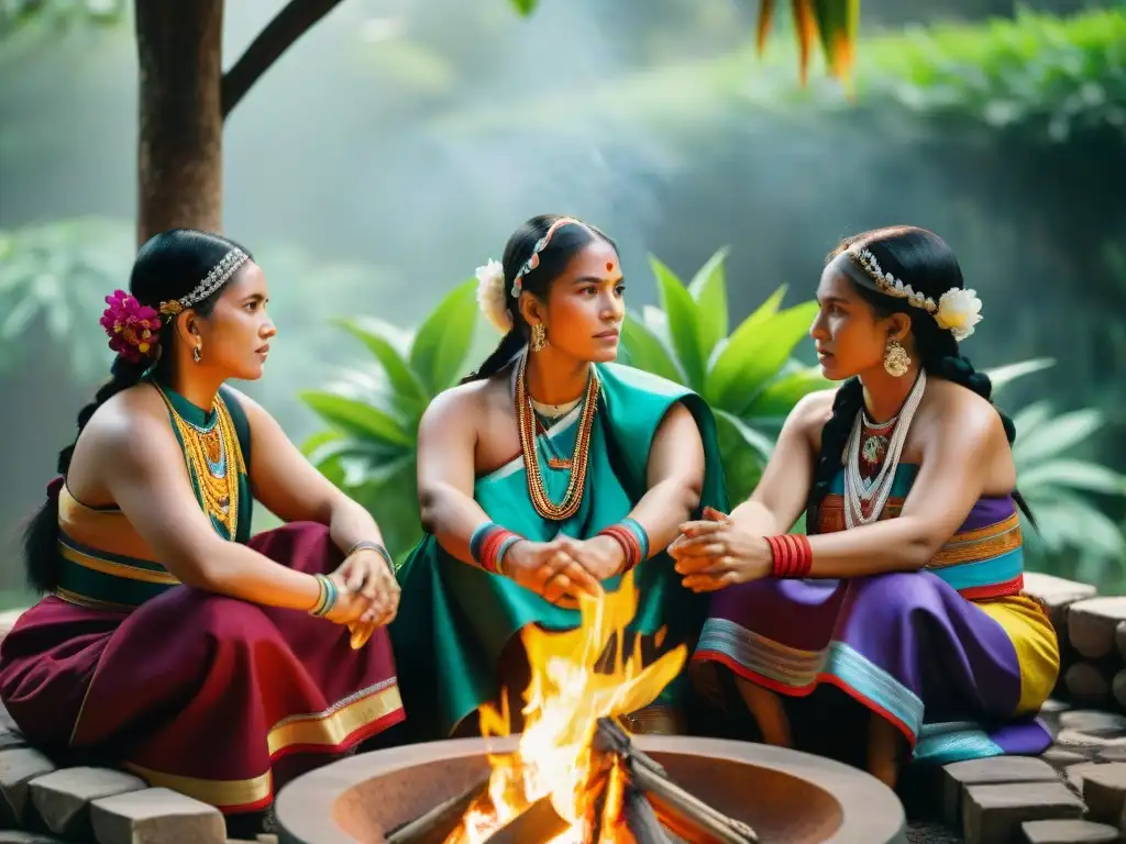 Conversación entre mujeres mayas en comunidad alrededor de fogata, destacando su rol y cultura