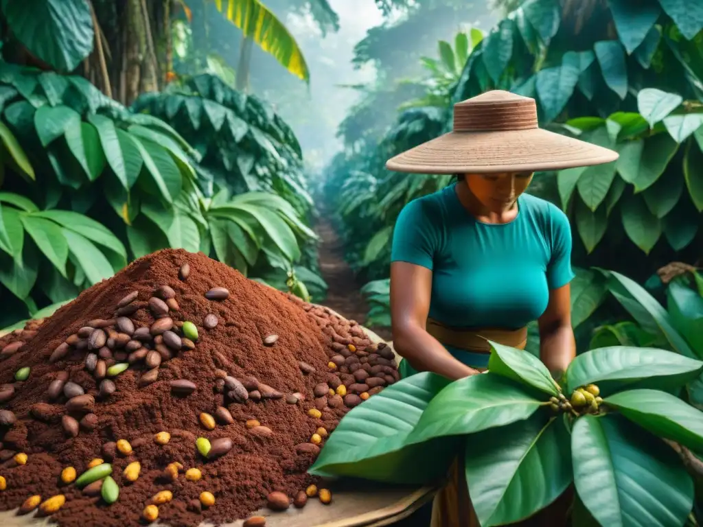 Cosecha de cacao por antiguos agricultores mayas bajo árboles tropicales; detalle vibrante y laboriosa extracción de granos de cacao