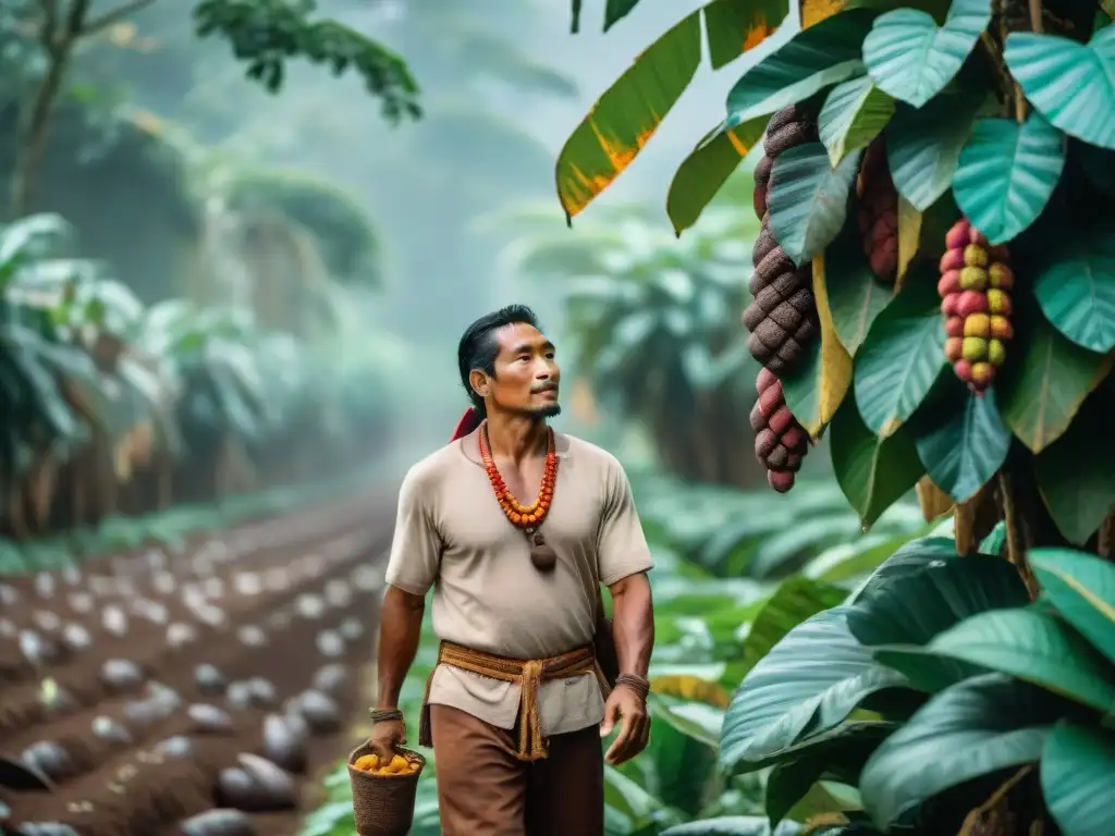 Cosecha de cacao en plantación maya, tradición y conexión con la naturaleza