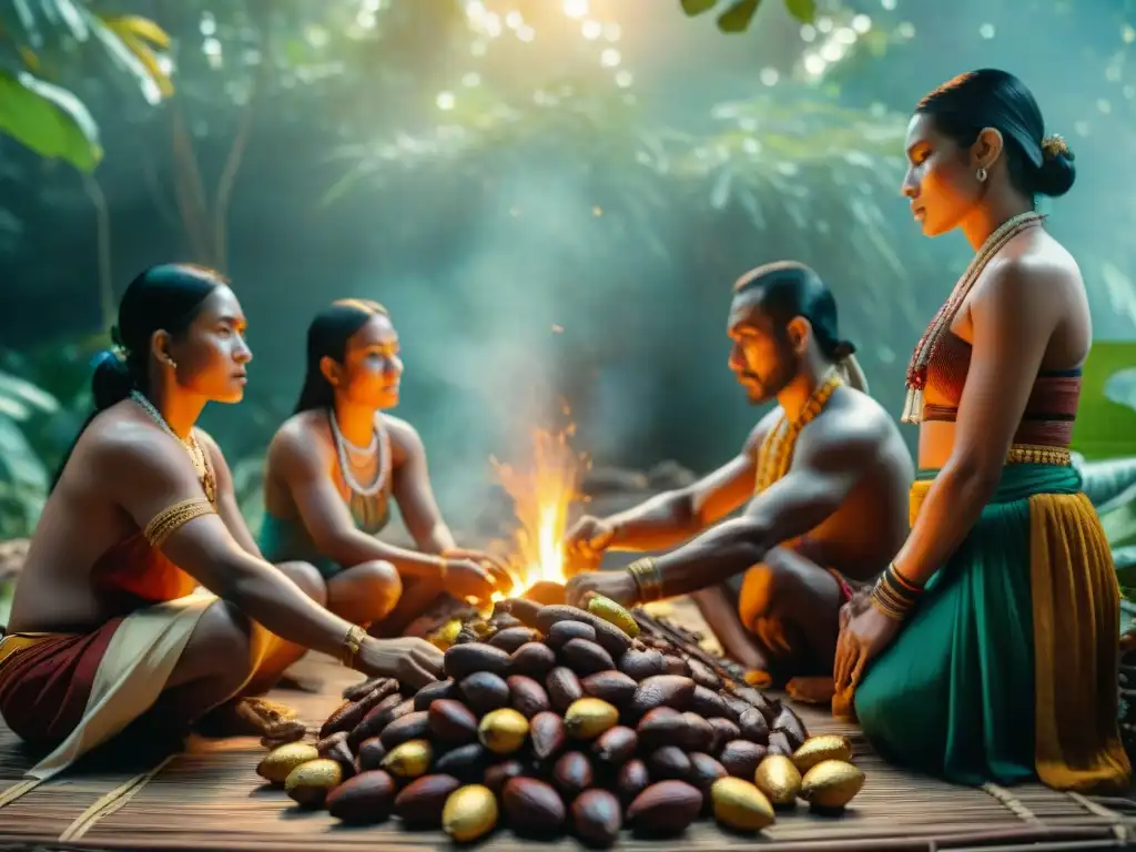 Cosecha de cacao maya con beneficios para el corazón, bajo el sol dorado entre árboles de cacao