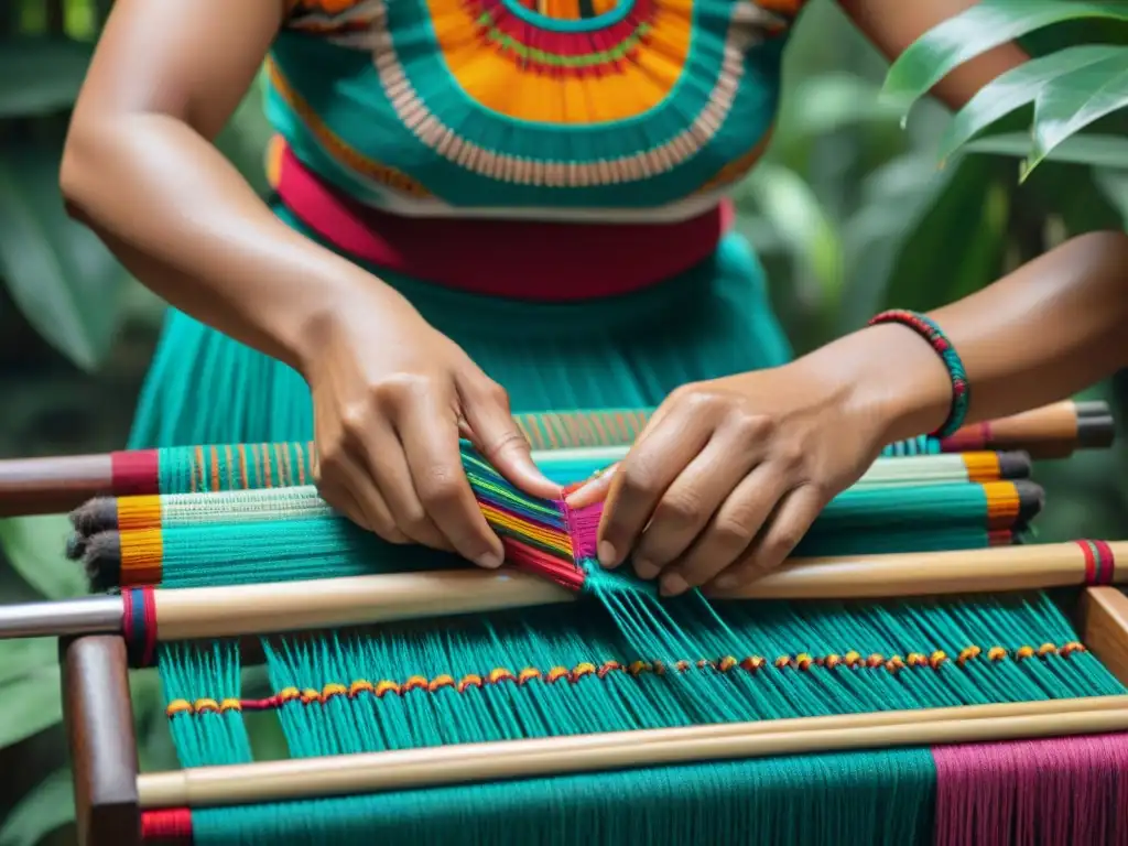 Creación textil en civilización maya: Artista maya teje intrincadamente en telar de cintura rodeado de hilos y motivos coloridos en la selva